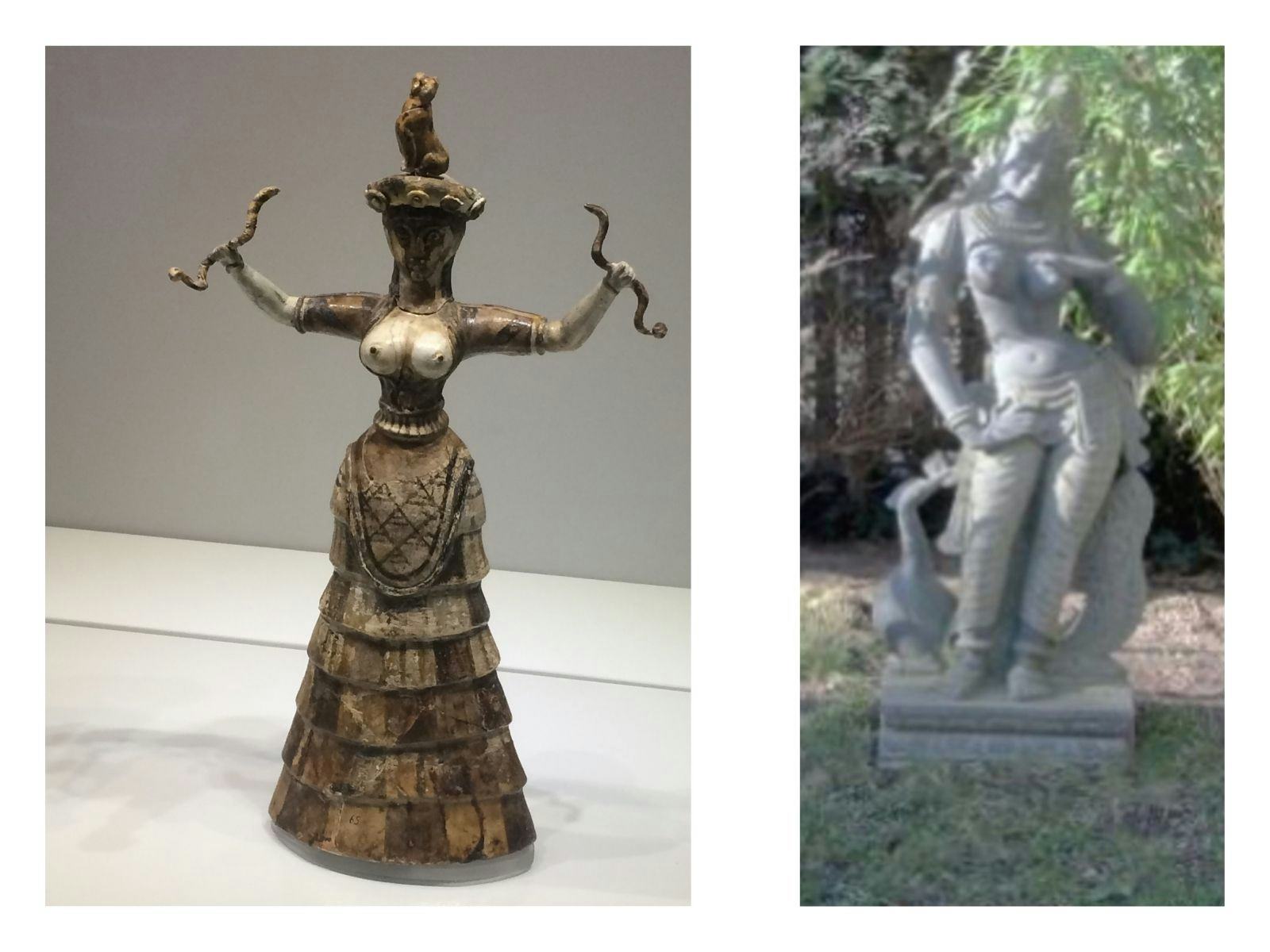 Minoische Schlangengöttin aus Kreta Knossos (links); Dancing Lady nach einer Vorlage aus dem Kamasutra Tempel Khajurho in Indien (rechts)